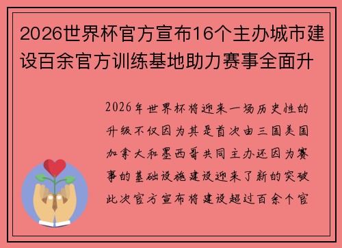 2026世界杯官方宣布16个主办城市建设百余官方训练基地助力赛事全面升级 ⚽ 2026世界杯官方宣布16个主办城市建设百余官方训练基地助力赛事全面升级 ⚽