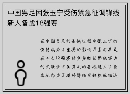 中国男足因张玉宁受伤紧急征调锋线新人备战18强赛 中国男足因张玉宁受伤紧急征调锋线新人备战18强赛