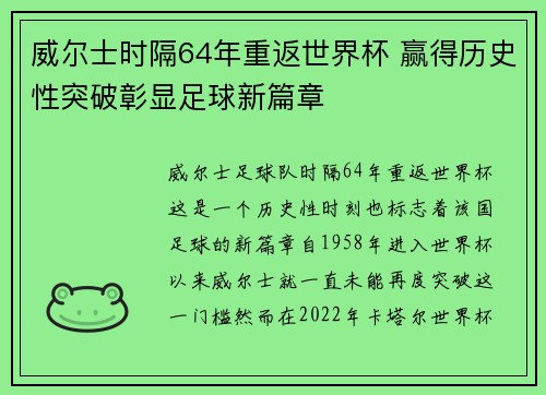 威尔士时隔64年重返世界杯 赢得历史性突破彰显足球新篇章 威尔士时隔64年重返世界杯 赢得历史性突破彰显足球新篇章